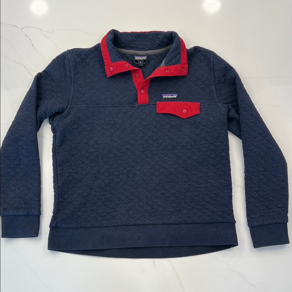 Patagonia Organic Cotton Quilt Snap-T Pullover, Navy w/ Molten Lava, medium